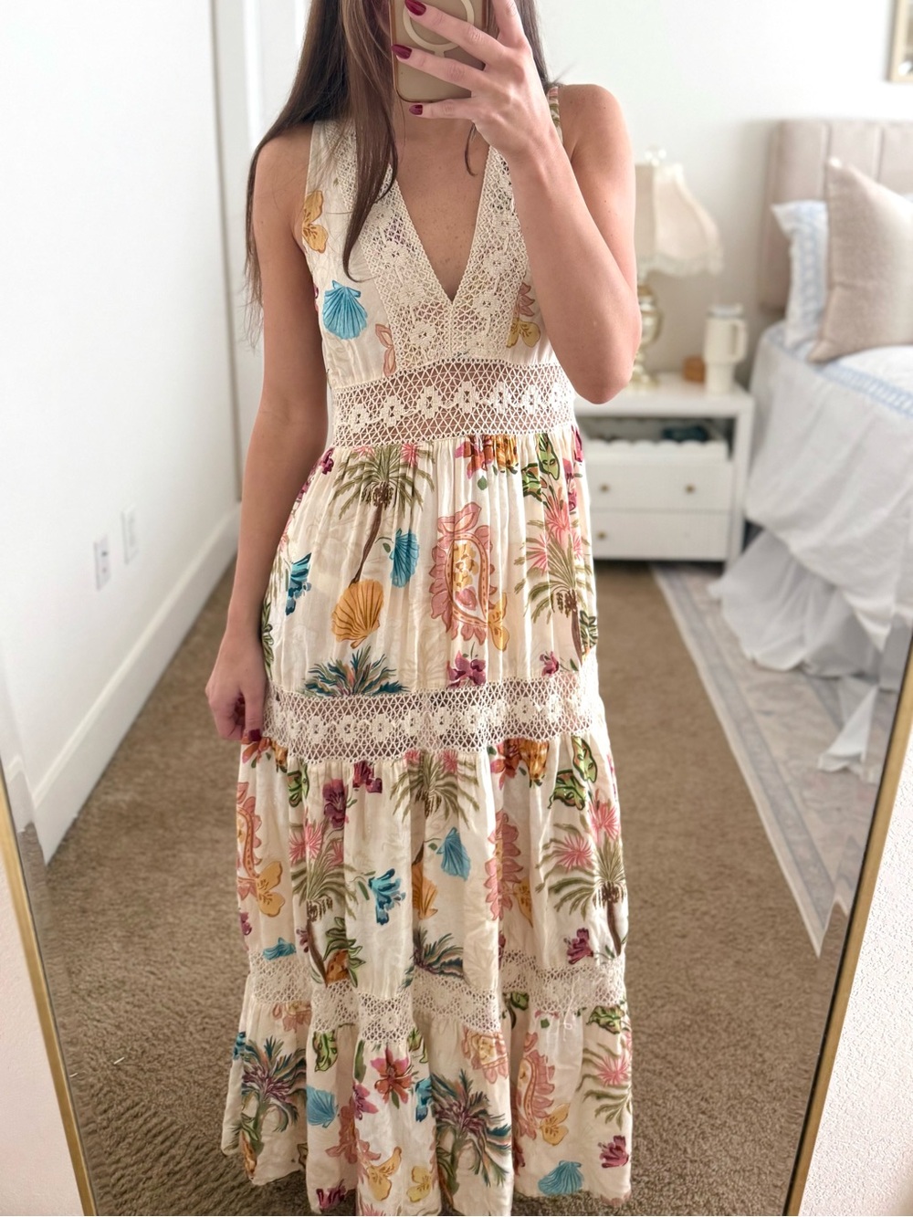Anthropologie Cream Maxi Dress with Tropical Floral Print